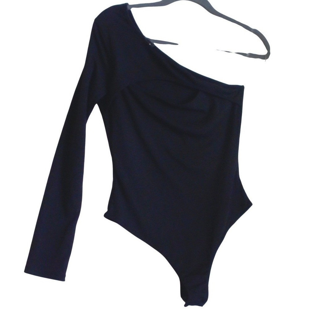 LUSH‎ Black Ribbed One Shoulder women Long Sleeve Bodysuit Small
